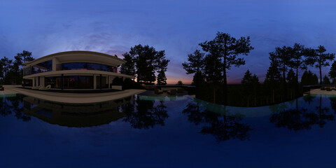 View of the villa swimming pool in the forest, 360 panorama, 3D rendering