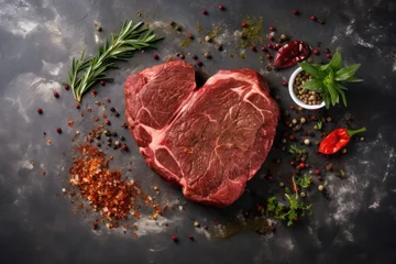 Foto op Canvas Raw beef steak in heart shape on black table. Generative AI © masharinkaphotos