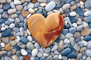 Obraz premium Heart shaped stone on pebble beach. Generative AI
