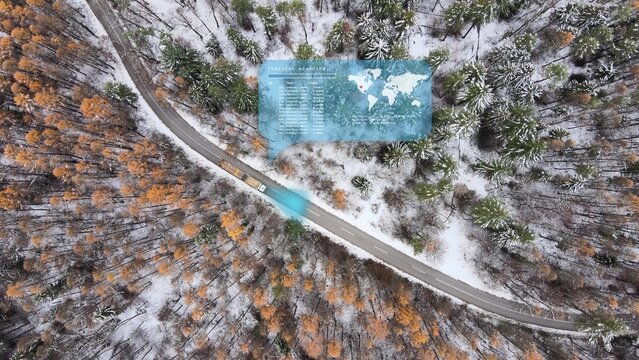 Autopilot smart self drive truck ride delivering goods scanning mountains road covered in snow with sensor holographic information of road conditions and traffic