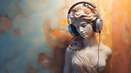 Portrait of a Greek stone sculpture with headphones