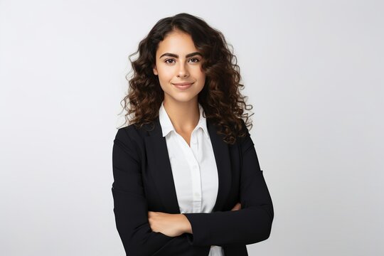 Young confident female manager looking at camera happy, cross arms on chest like professional, standing over white background