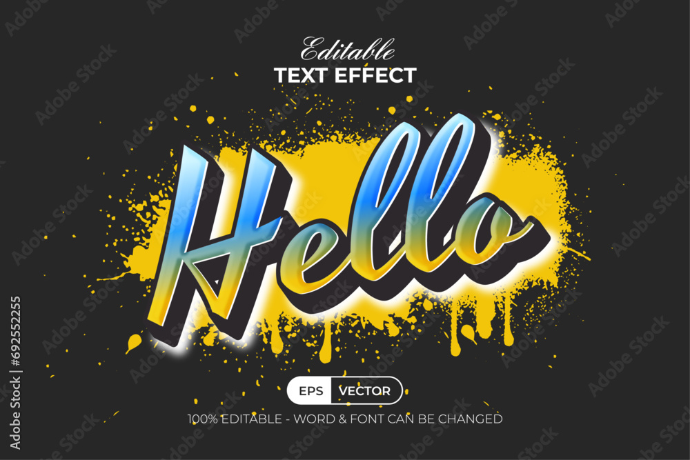 Poster hello text effect graffiti style. editable text effect.