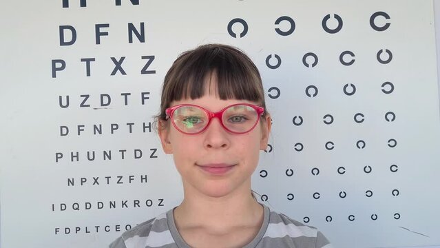 Child at the ophthalmologist. Little girl puts on glasses concept