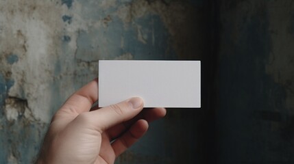 A white business card clasped between fingers, its stark whiteness standing out against the rough, grey background of a concrete wall.