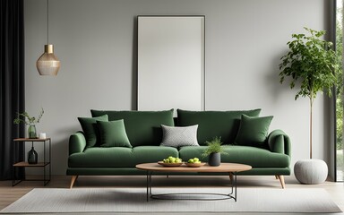 Home interior mock-up with green sofa, table and decor in living room
