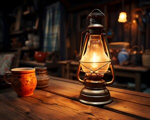 Kerosene lamp on a wooden table with a cup of coffee - Powered by Adobe