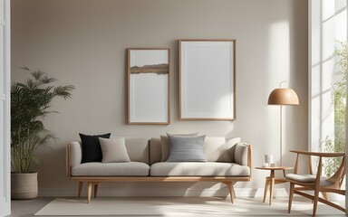 Fototapeta na wymiar Mock up frame in home interior background, beige room with natural wooden furniture, Scandinavian style 
