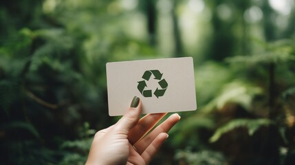 A woman's hand gripping a plastic card mockup with an eco-friendly, green-themed design, positioned over a backdrop of textured, recycled paper to emphasize sustainability.