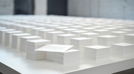 Multiple stacks of sleek, monochromatic business cards, arranged in an elegant pattern on a white desk, under soft, ambient lighting.
