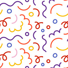 Cute hand drawn colorful line doodle squiggle seamless pattern. Creative minimalist style art background for kids or trendy design with basic shapes. Simple childish scribble swirls. - obrazy, fototapety, plakaty