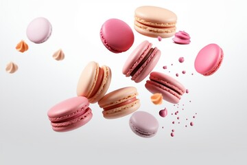 Various colorful of macarons floating on the air isolated on clean background, Desserts sweet cake