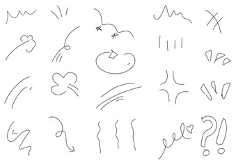 Line movement element, emotion effect decoration icon. Hand drawn doodle line element arrow, emphasis, wind, sparkle. Anime emotion, express shape. Vector illustration.
