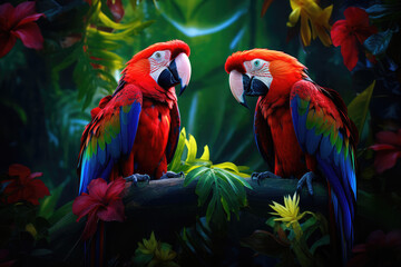 Colorful portrait of Amazon red macaw parrots in jungle