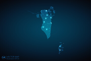 Bahrain map radial dotted pattern in futuristic style, design blue circle glowing outline made of stars. concept of communication on dark blue background. Vector illustration EPS10