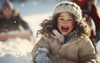 Portrait of a cute happy little child on a sled in the snow. Winter landscape. The child is dressed warmly, wearing a hat and gloves.