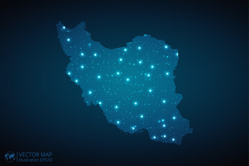 Iran map radial dotted pattern in futuristic style, design blue circle glowing outline made of stars. concept of communication on dark blue background. Vector illustration EPS10