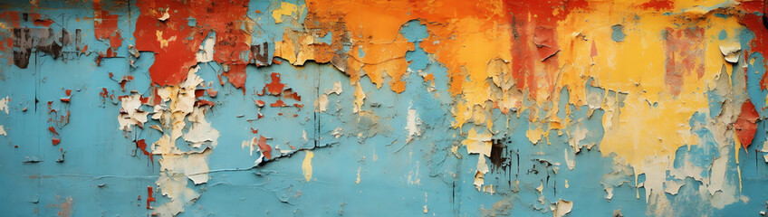 a blue and orange paint peeling off