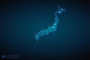 Japan map radial dotted pattern in futuristic style, design blue circle glowing outline made of stars. concept of communication on dark blue background. Vector illustration EPS10