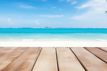 Wood table top on blurred blue sea and white sand beach background