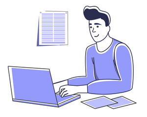 Guy's working on his laptop.  Creating a new project. Creative work. Developing a program. Online. Education. Hobbies. Entertainment. Simple style. 