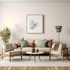 Cream-colored living room, sofa, table, picture frame, lamp.