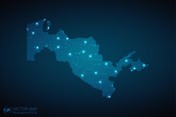 Uzbekistan map radial dotted pattern in futuristic style, design blue circle glowing outline made of stars. concept of communication on dark blue background. Vector illustration EPS10