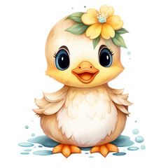 Cute Baby Duck With Flowers Watercolor Clipart Illustration