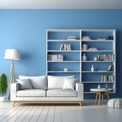 Cream colored living room, sofa, table, books, lamps, shelves.