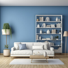 Cream colored living room, sofa, table, books, lamps, shelves.