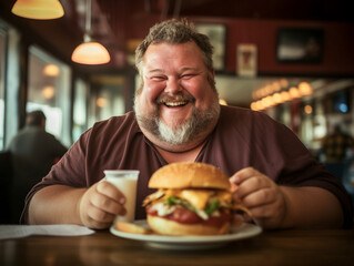 Smiling fat man eating burger at restaurant.