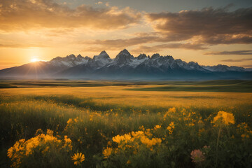 Expansive meadows bathed in the soft hues of the setting sun with the mountain in the background