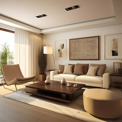 Naklejka na ściany i meble Cream-colored living room, sofa, table, picture frame, lamp.