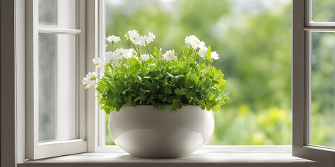 White flowers are blooming in white pots on the window sill. Generative Ai