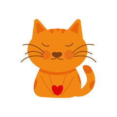 A red cat in love holds a heart.
Celebration of love, declaration of feelings, love card design.
Vector romantic illustration in flat style.