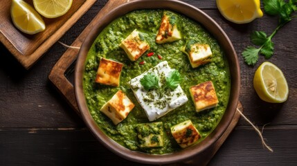 Palak paneer overhead closeup, Punjabi spinach cottage cheese dish, Indian punjab authentic curry dish - obrazy, fototapety, plakaty