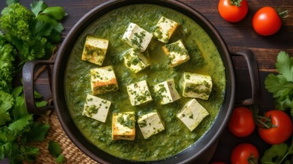 Palak paneer overhead closeup, Punjabi spinach cottage cheese dish, Indian punjab authentic curry dish