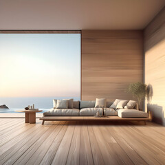 Cream-colored living room, sofa, table, picture frame, lamp.