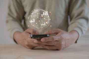 Businesses globe holographic to show ideas to export and logistic around the world by discovery, navigation, communication, logistics, geography, transport and travel to scale up business technology