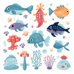 Collection of cute sea life for kids on white background.