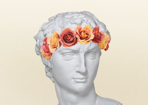 human roman sculpture  sunglasses flowers bloom text box  emotional contemporary collage artwork isolated on white background