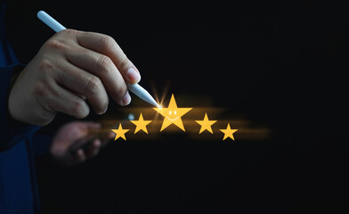 5 Star service, Customer evaluation feedback, men giving review Satisfaction Surveys. giving a five...