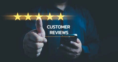 5 Star service, Customer evaluation feedback, men giving review Satisfaction Surveys. giving a five...