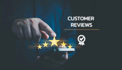 5 Star service, Customer evaluation feedback, men giving review Satisfaction Surveys. giving a five star rating. Service rating, satisfaction concept.