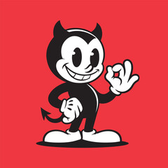 A vintage, rubber hose-style cartoon devil character with horns and a tail is depicted smiling and making an 