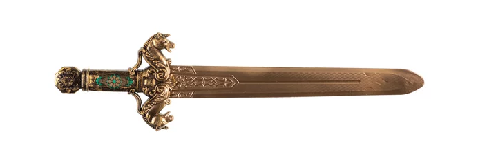 Fotobehang golden fantasy sword isolated on white background © serikbaib