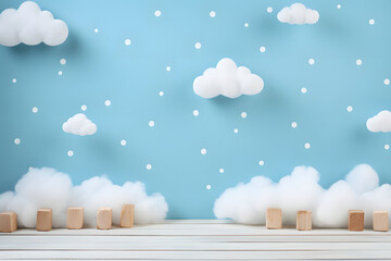 Cute children or baby background white clouds on blue wooden background.