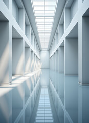 a long hallway with white columns and a glass ceiling
