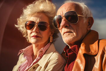 Generative AI portrait of happy mature people wife and husband enjoying vacation