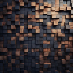 Wall made of wooden blocks in black and luxurious wood colors